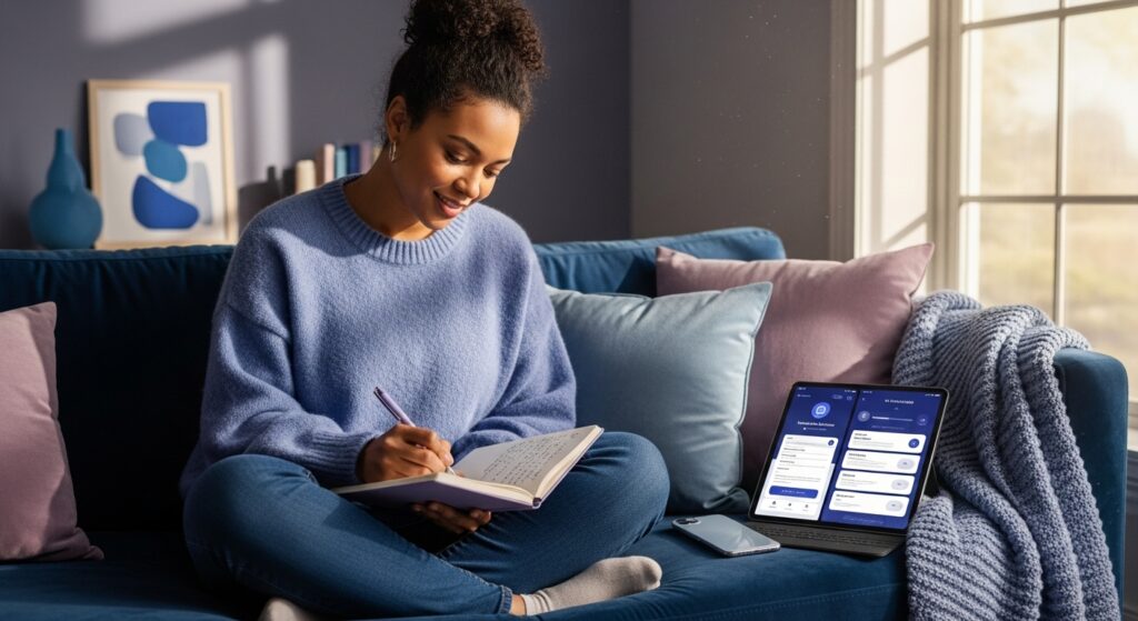 African American woman journaling in a lavender-gray notebook with AI journaling apps open on nearby devices, in a warm, sunlit living space.