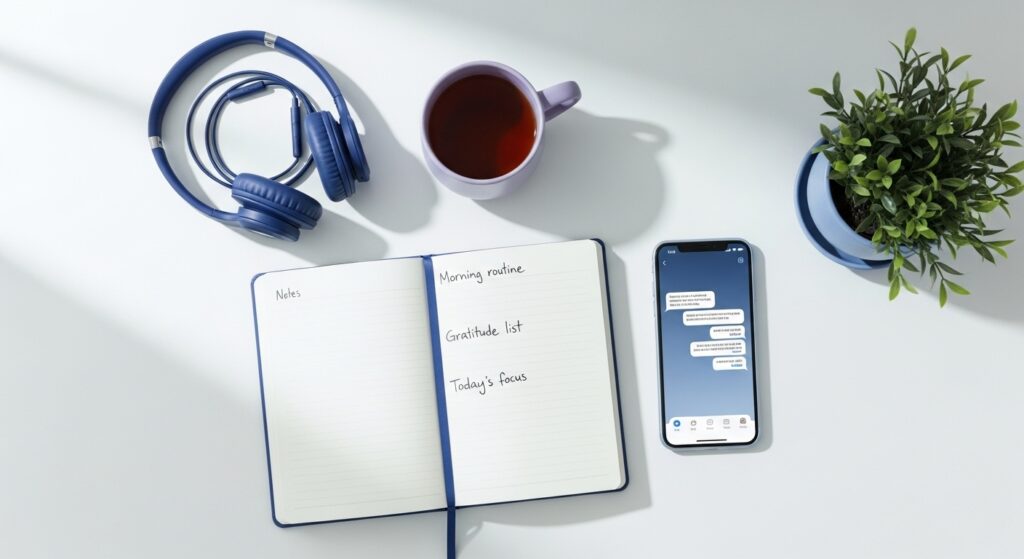 Flat lay of a journal, smartphone with AI chat screen, tea, headphones, and plant in soft blue, indigo, and lavender-gray — tools for digital wellness.