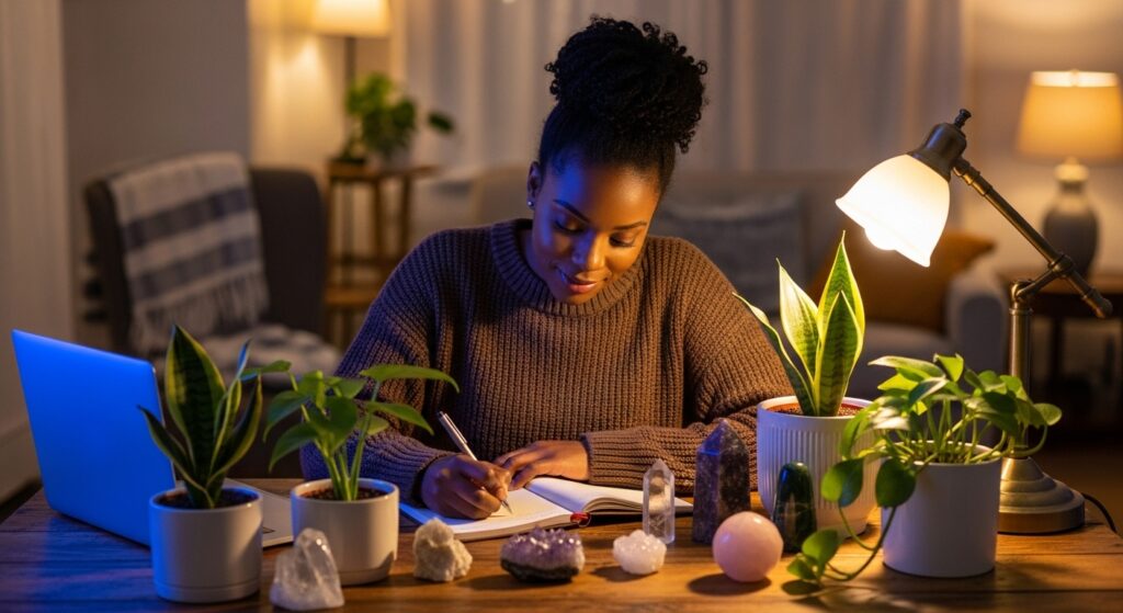 Black woman reflecting on the 8 areas of life using digital journaling