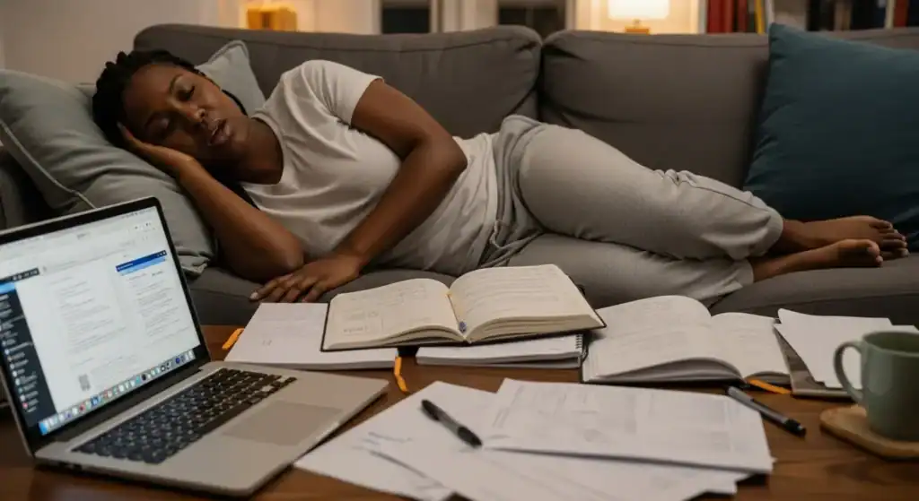 Black woman balancing life chaos before journaling.