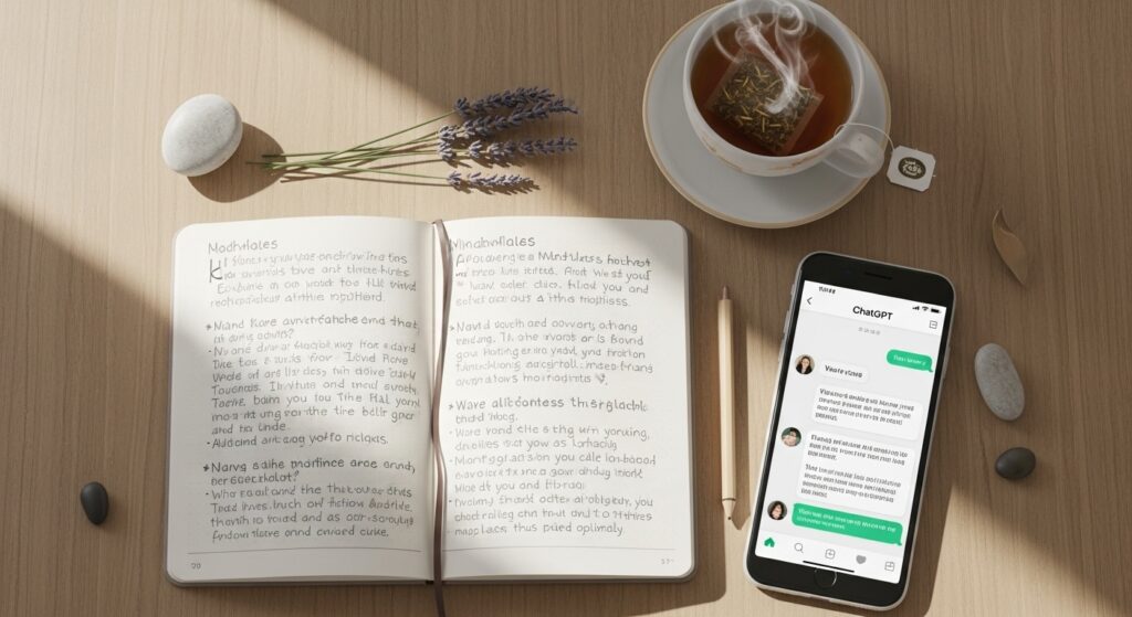 Journaling with ChatGPT personal development prompts alongside affirmations and tea.