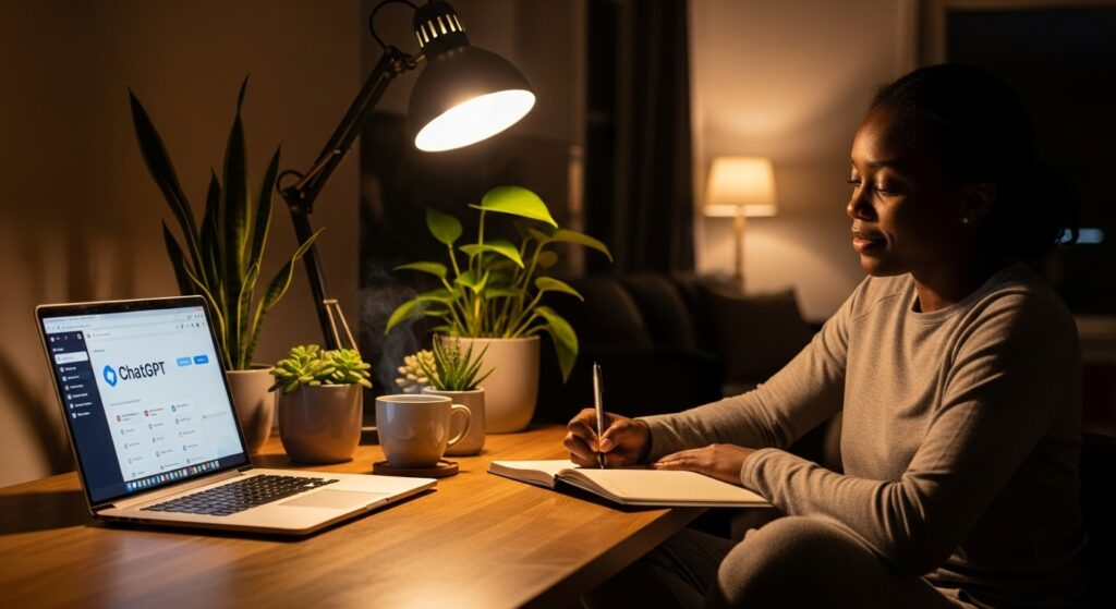 Black woman using ChatGPT personal development while journaling at her desk.