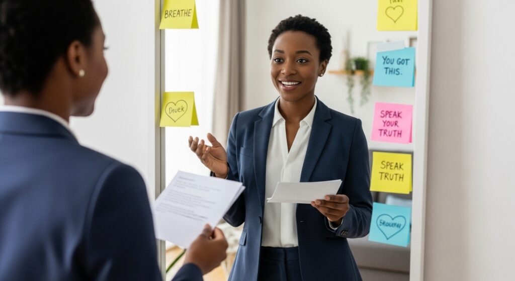 Black woman practicing confidence with ChatGPT personal development role-play prompts.