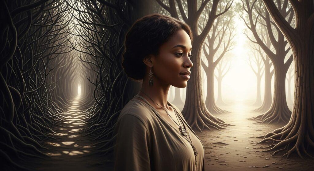 Black woman choosing between a heavy emotional path and a calm, rooted path symbolizing aligned relationships.