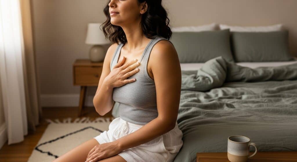 Woman sitting quietly with her hand on her chest, noticing her body’s signals about relationships.