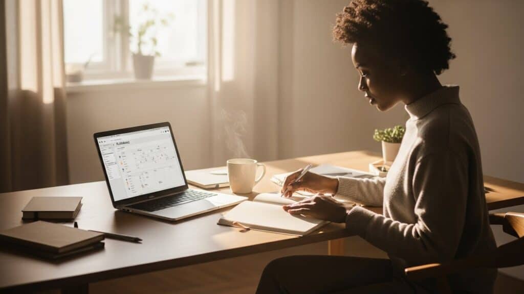 Woman creating her 90 day planning with AI at her desk