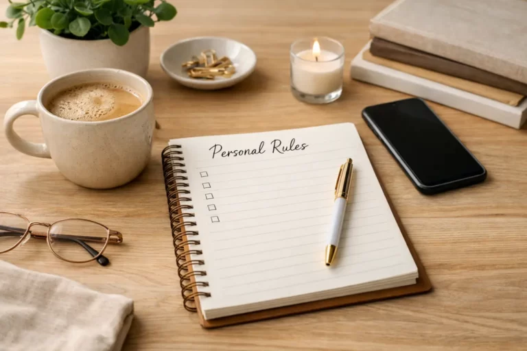 Flat lay workspace showing notebook, coffee, and phone to represent creating AI-supported personal rules for time, money, and health.