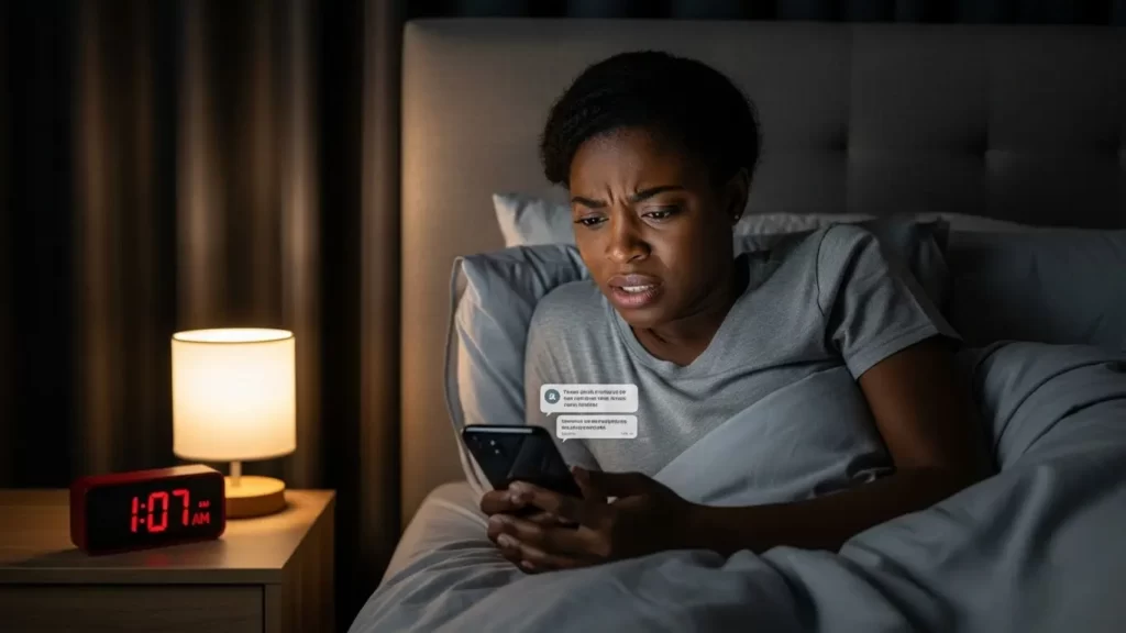 A person holding a smartphone in bed late at night,
looking stressed as a text message notification comes in,
with a dimly-lit bedroom, digital alarm clock showing 1:07
AM, and a glowing bedside lamp.
Place this image below the header