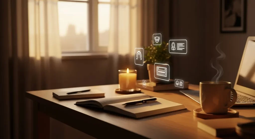 Peaceful journaling workspace illustrating AI literacy, showing healthy boundaries with technology and protecting human presence while using AI intentionally.