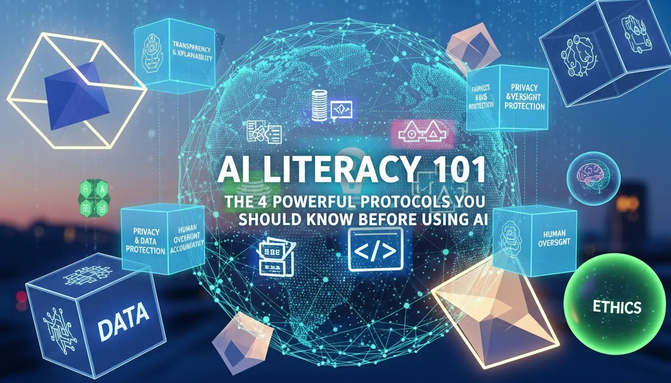 AI literacy- no people with text overlay: AI Literacy 101: The 4 Powerful Protocols You Should Know Before Using AI