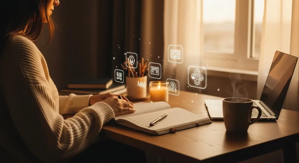 Woman thoughtfully writing in a journal beside a laptop, representing intentional AI use and human-centered decision making.
