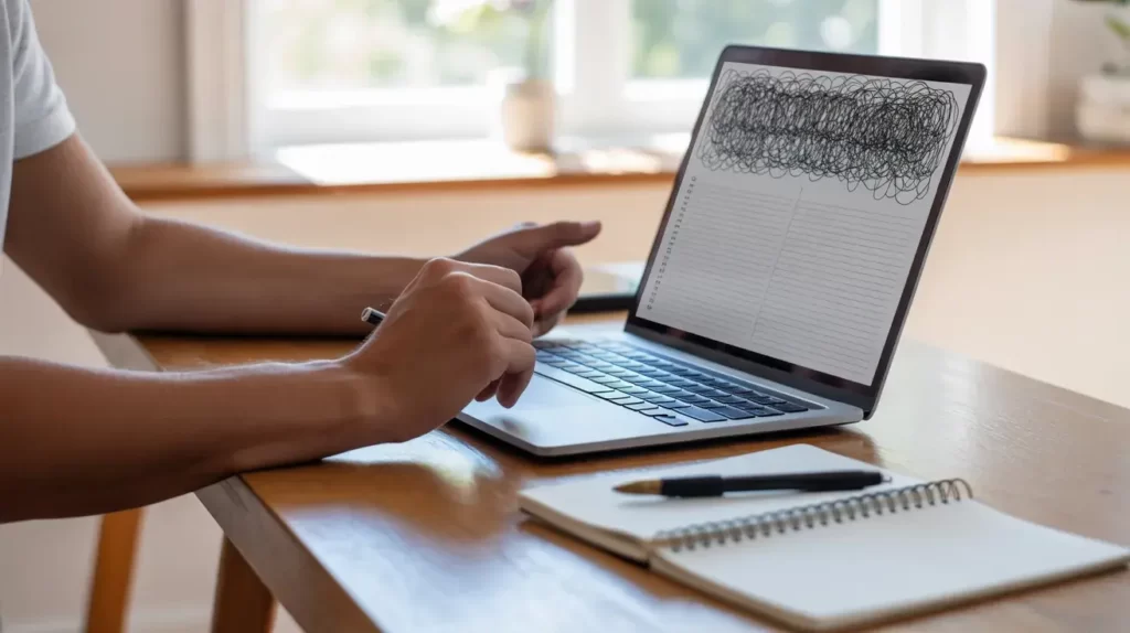 A realistic close-up photo of a laptop on a desk during a brain dump moment.