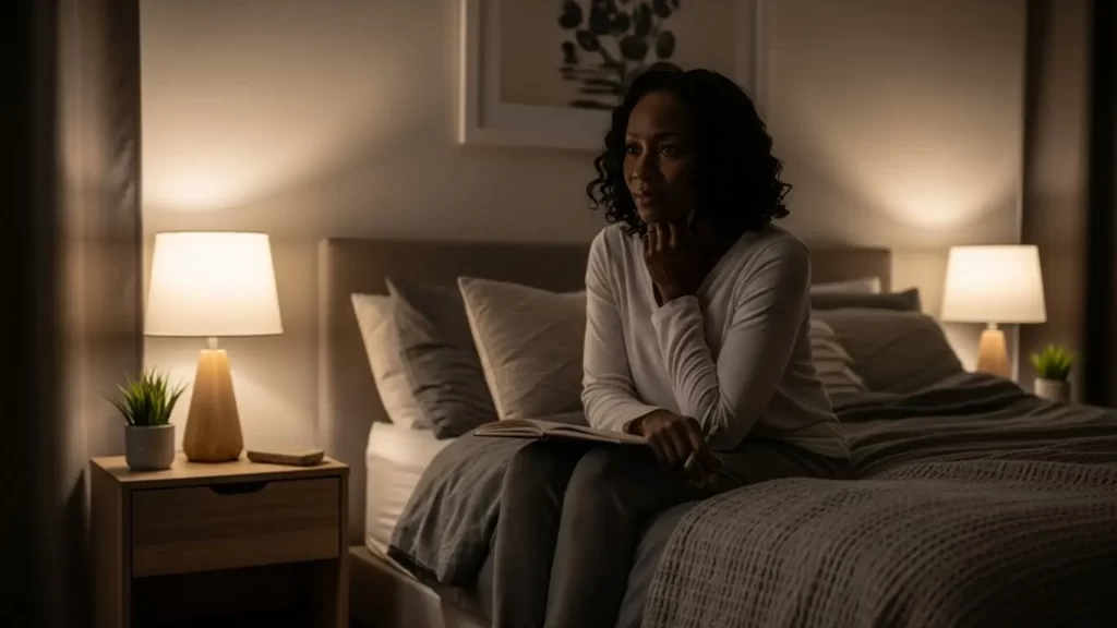 Nighttime wind down routine for anxiety featuring a calm Black woman preparing for rest