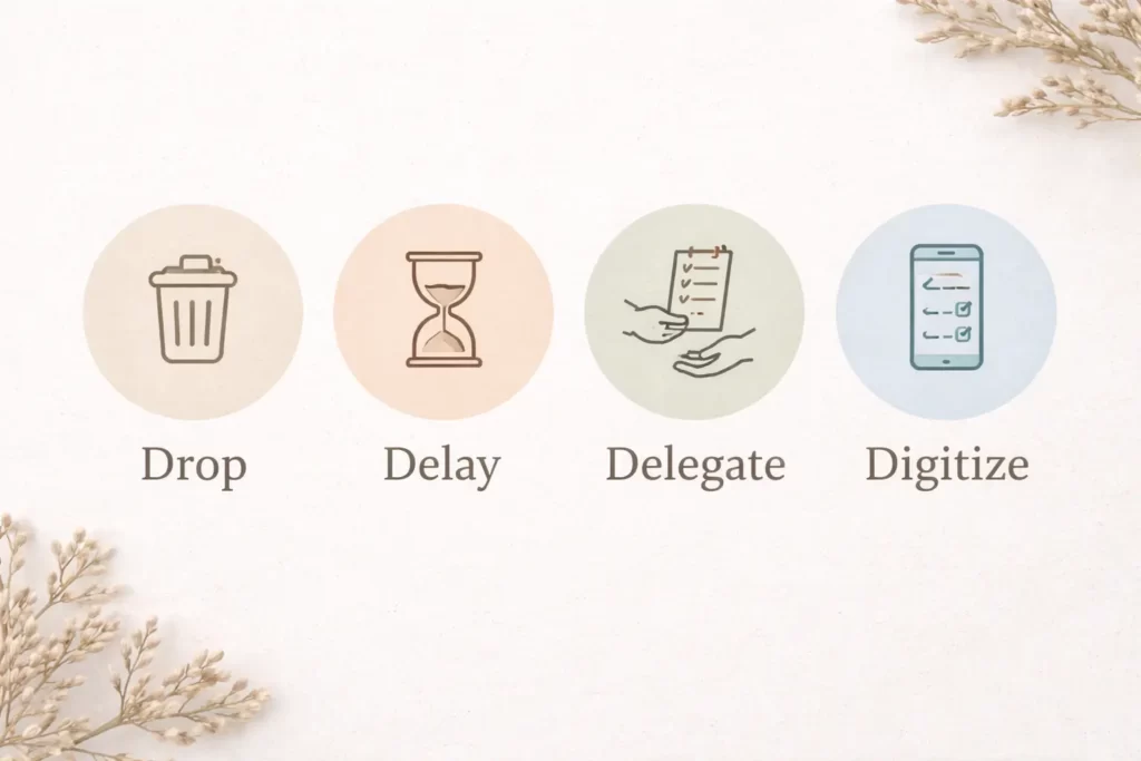 Minimal infographic showing the four emotional load offloading steps: Drop, Delay, Delegate, and Digitize, in a calm pastel design.