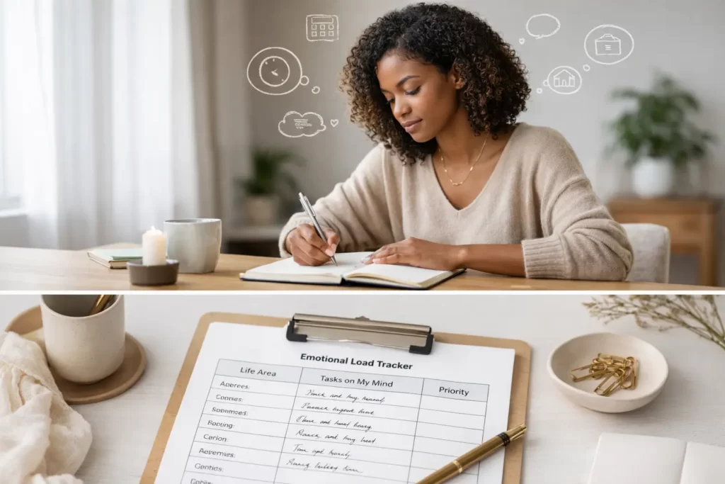 A calm Black woman journaling at a clean desk, paired with a simple emotional load tracker on a clipboard, representing how women track invisible mental and emotional load.