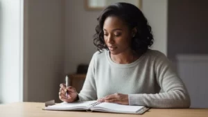 A calm Black woman journaling at a clean desk, reflecting and organizing her thoughts to reduce emotional load.