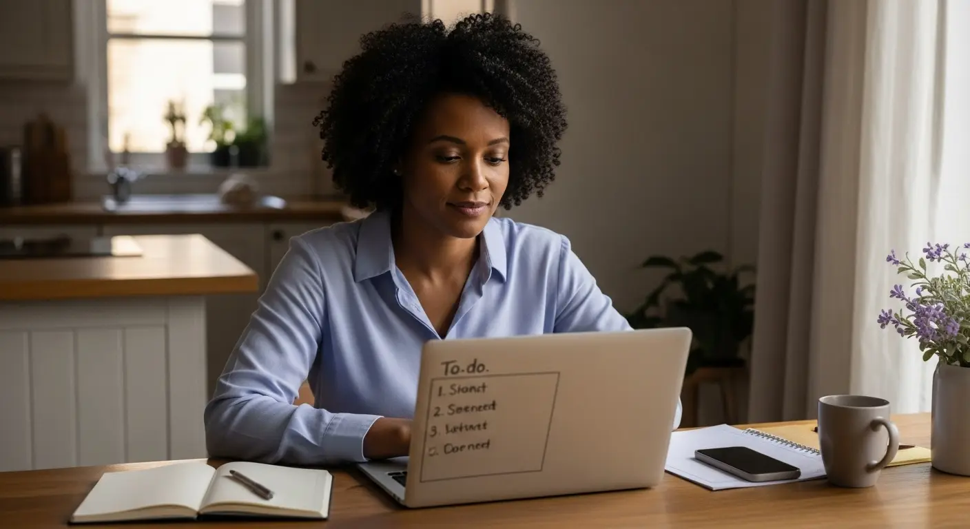 A realistic, high-quality photograph of a calm Black woman in her late 30s to 40s sitting at a clean, sunlit kitchen table or home workspace.
