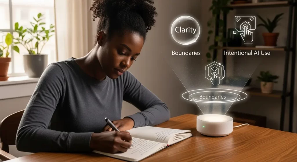 Illustration showing a woman journaling at her desk while a friendly AI assistant symbolically supports her with clarity, boundaries, and intentional AI use.
