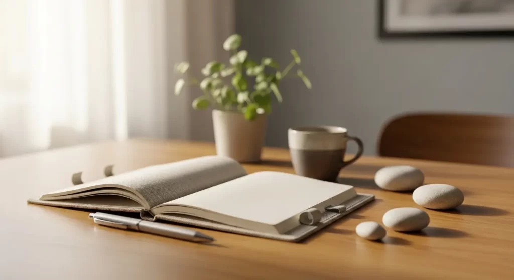 Open journal on a calm desk representing externalizing thoughts to reduce mental load and create relief.
