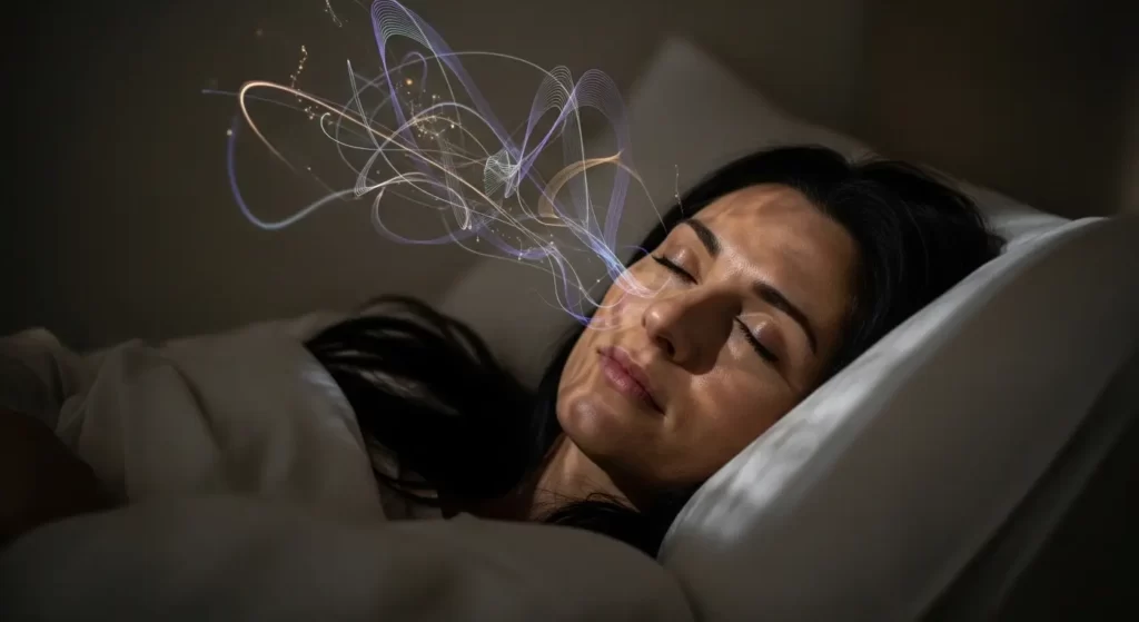 Woman lying down to rest while abstract visuals suggest her mind is still active and holding responsibility.
