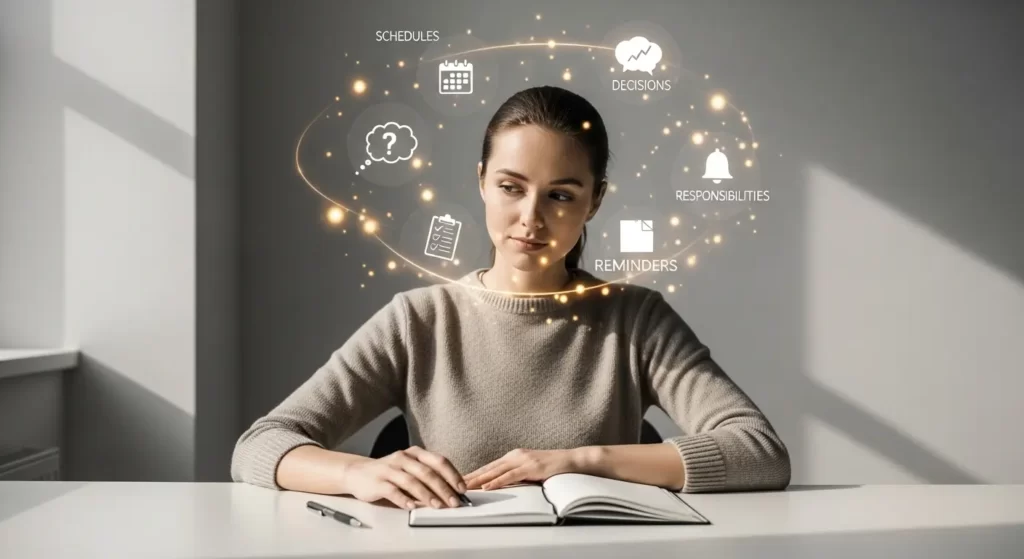 Illustration showing invisible mental tasks floating around a woman, representing the hidden cognitive load behind everyday life.